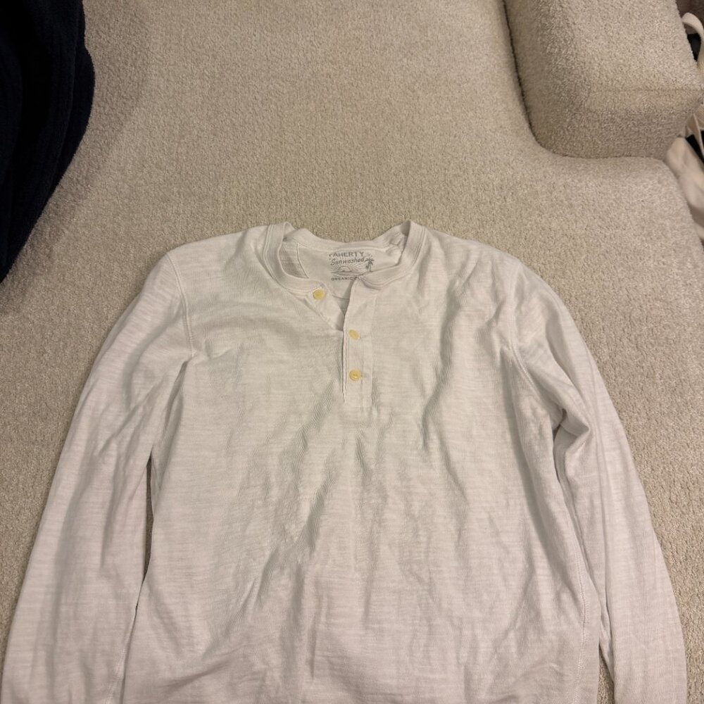 Faherty Sunwashed White Long Sleeve Polo Organic Cotton Sz M